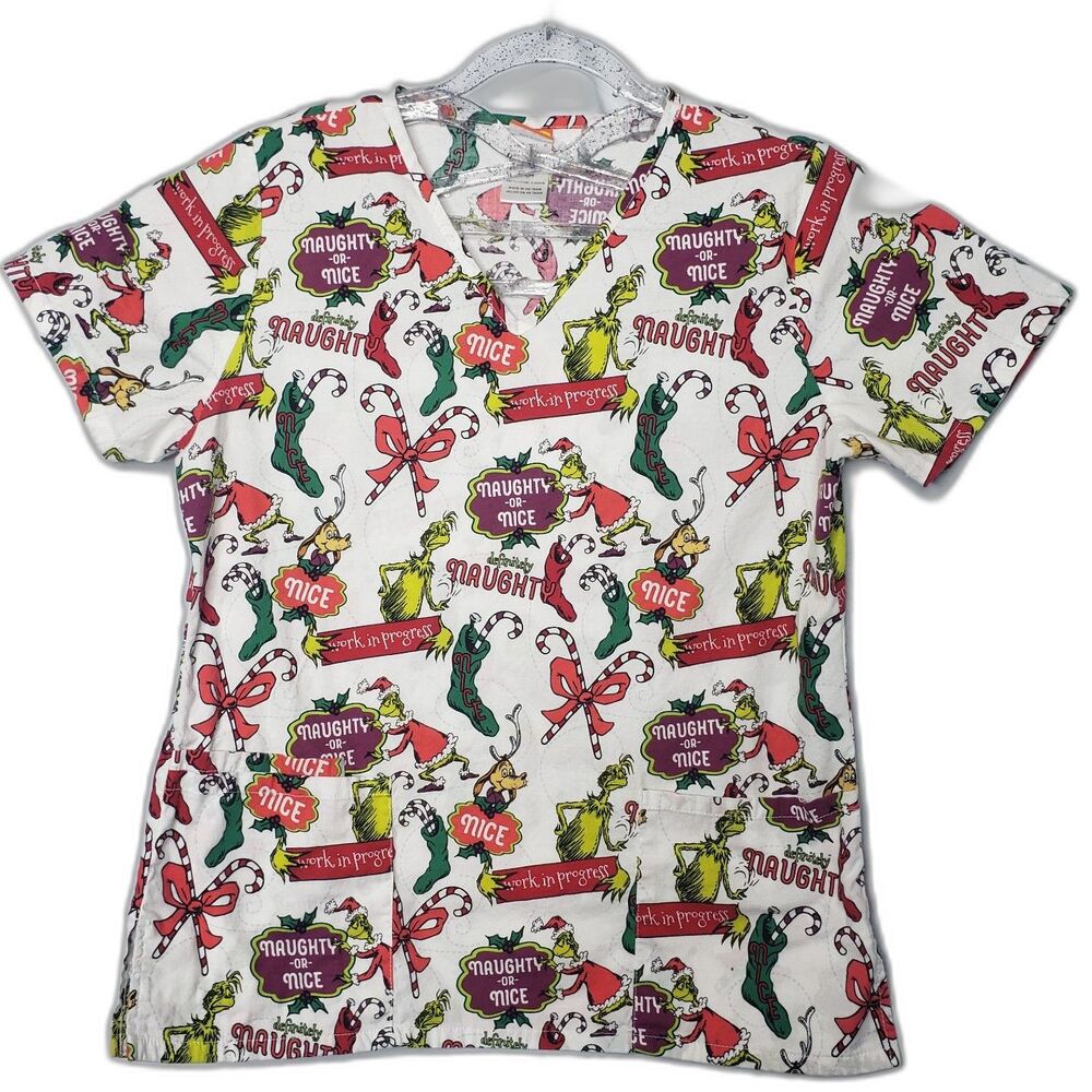 Dr Seuss Grinch Christmas Short Sleeve V Neck Scrub Top Womens Size Small - Picture 6 of 6